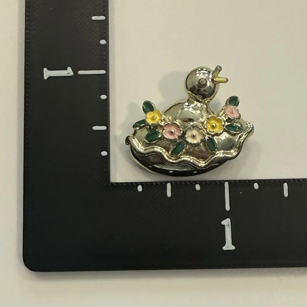 Vintage Chick Bird Hen Enamel Brooch Pin In Nest Egg Flowers Gold Tone